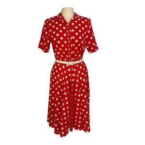 Classic Selections 70s 80s Red Polka Dot Shirt Dress Button Front Belt 38 bust